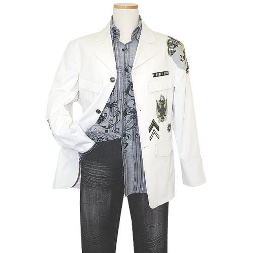 Pronti Cream With Black Embroidery And Grey Painted Designs Army-Style 100% Cotton Casual Blazer B3098-6
